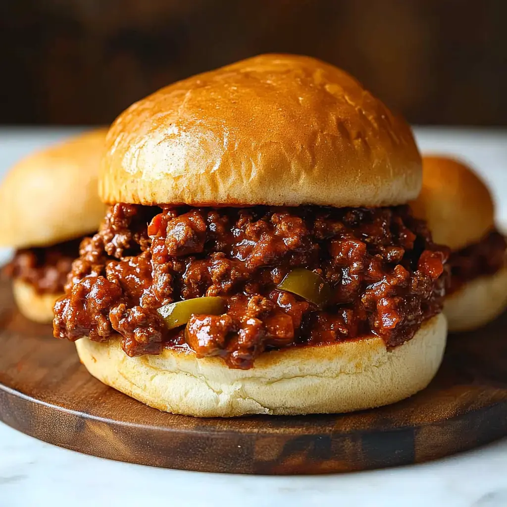 A close-up view of a sloppy joe sandwich with a hearty meat filling, served on a golden-brown bun and resting on a wooden plate.