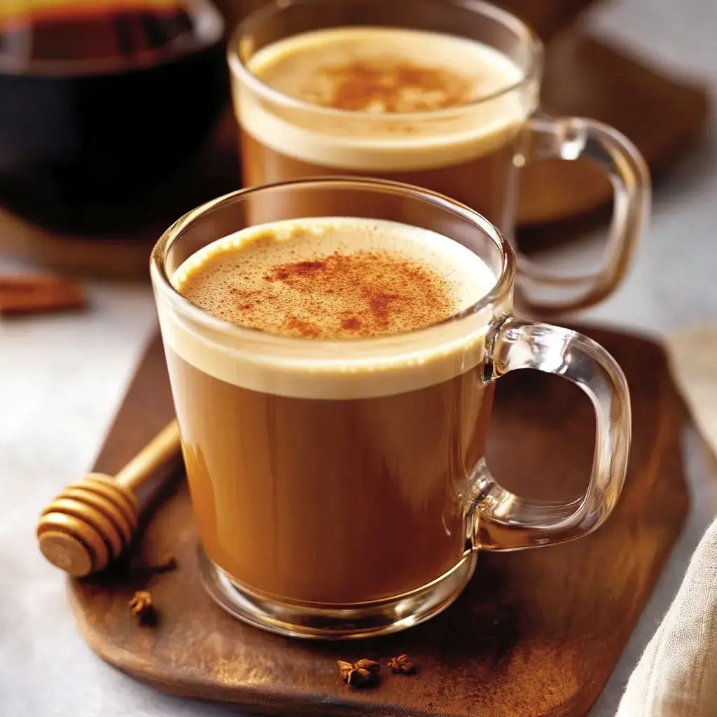 Two mugs of frothy coffee topped with a sprinkle of cinnamon sit on a wooden tray alongside a honey dipper and scattered spices.