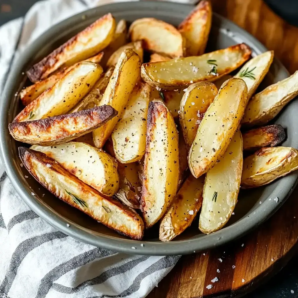 A plate of golden, crispy potato wedges seasoned with salt and pepper.