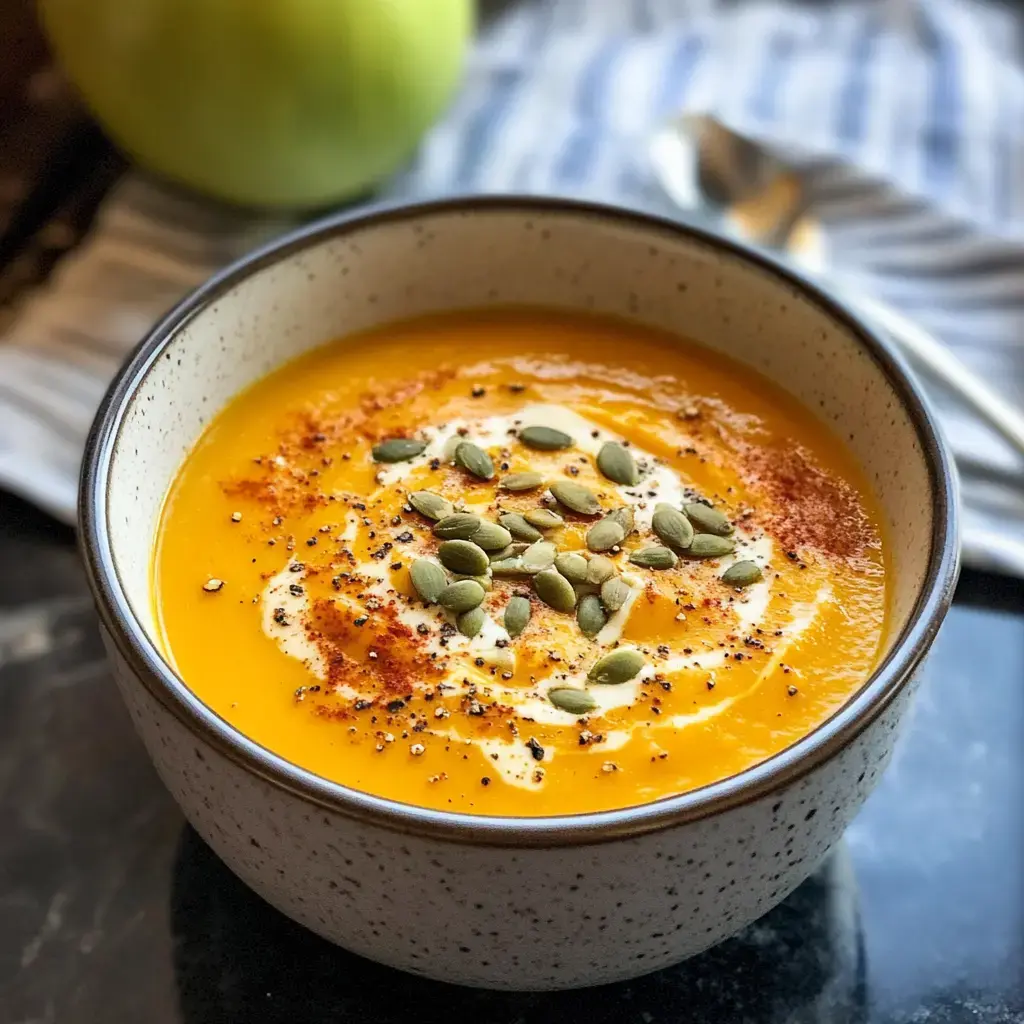 A bowl of creamy orange soup topped with seeds, spices, and a swirl of cream, set against a blurred background featuring a green apple.