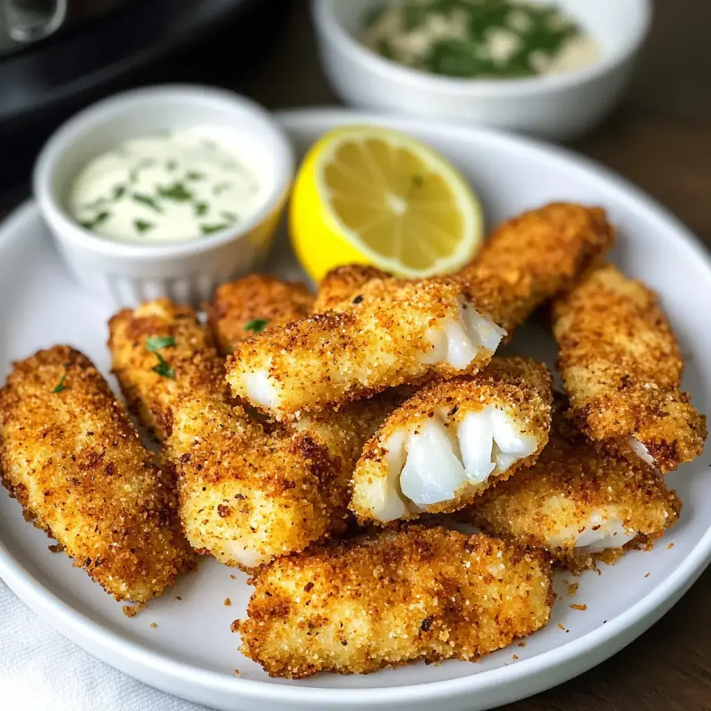 A plate of golden-brown breaded fish strips is served with lemon wedges and two dipping sauces.