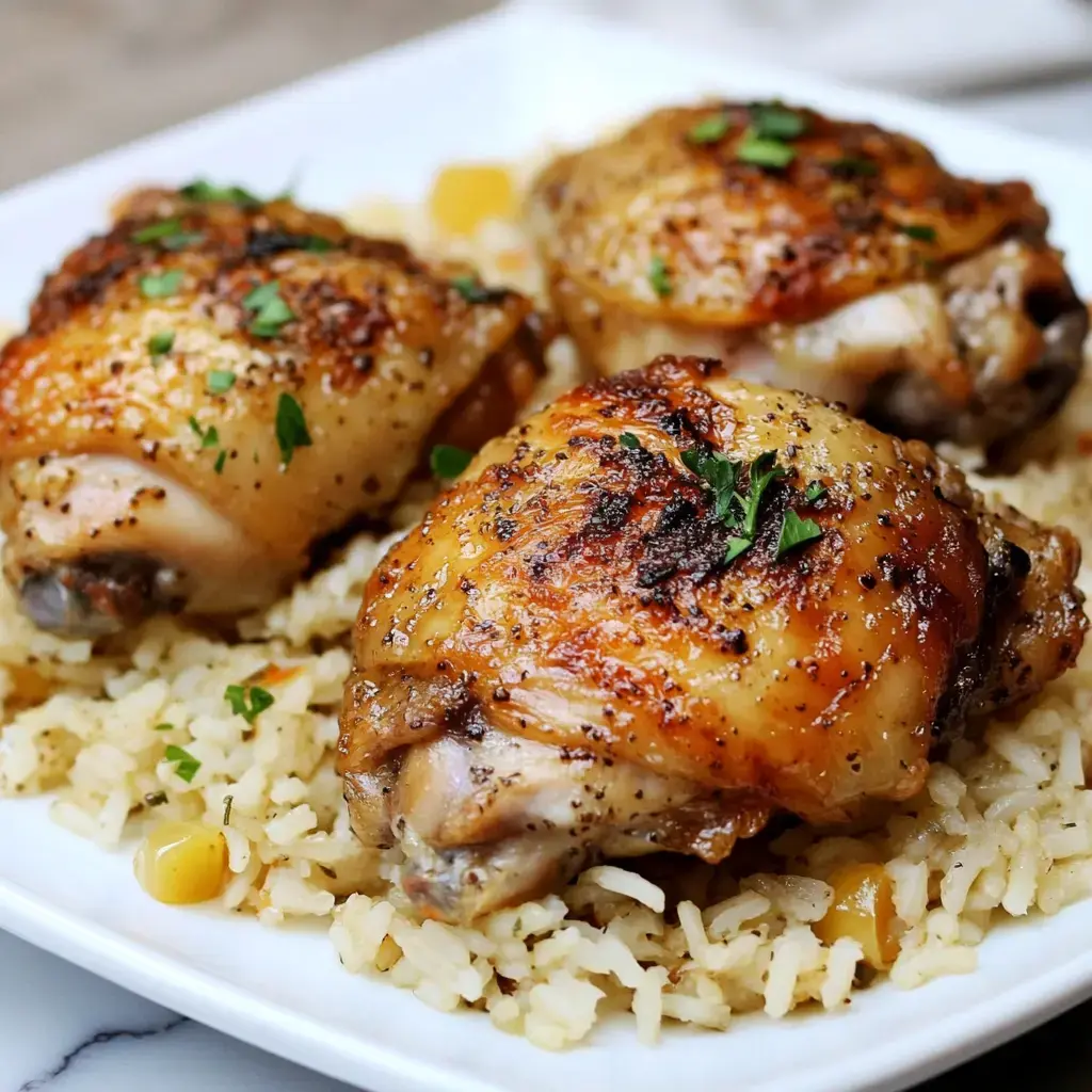 A plate of three crispy chicken thighs served on a bed of rice, garnished with fresh herbs.