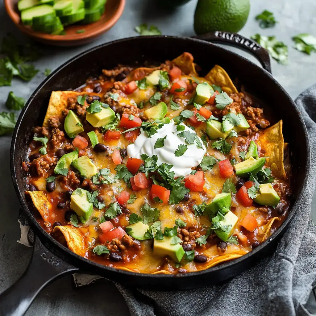 A skillet of loaded nachos topped with ground meat, black beans, cheese, diced tomatoes, avocado, cilantro, and a dollop of sour cream.