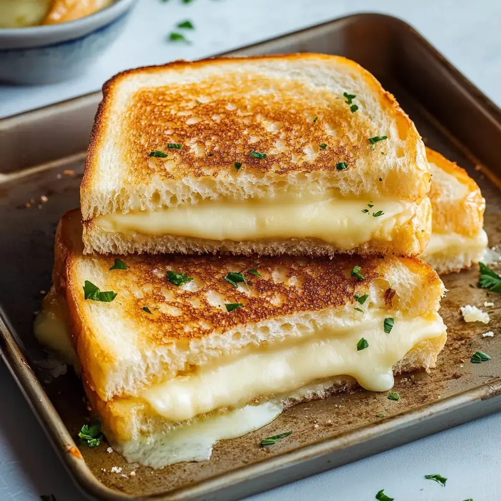 Two slices of perfectly golden-brown grilled cheese sandwich, oozing with melted cheese and garnished with fresh parsley, are displayed on a metal tray.