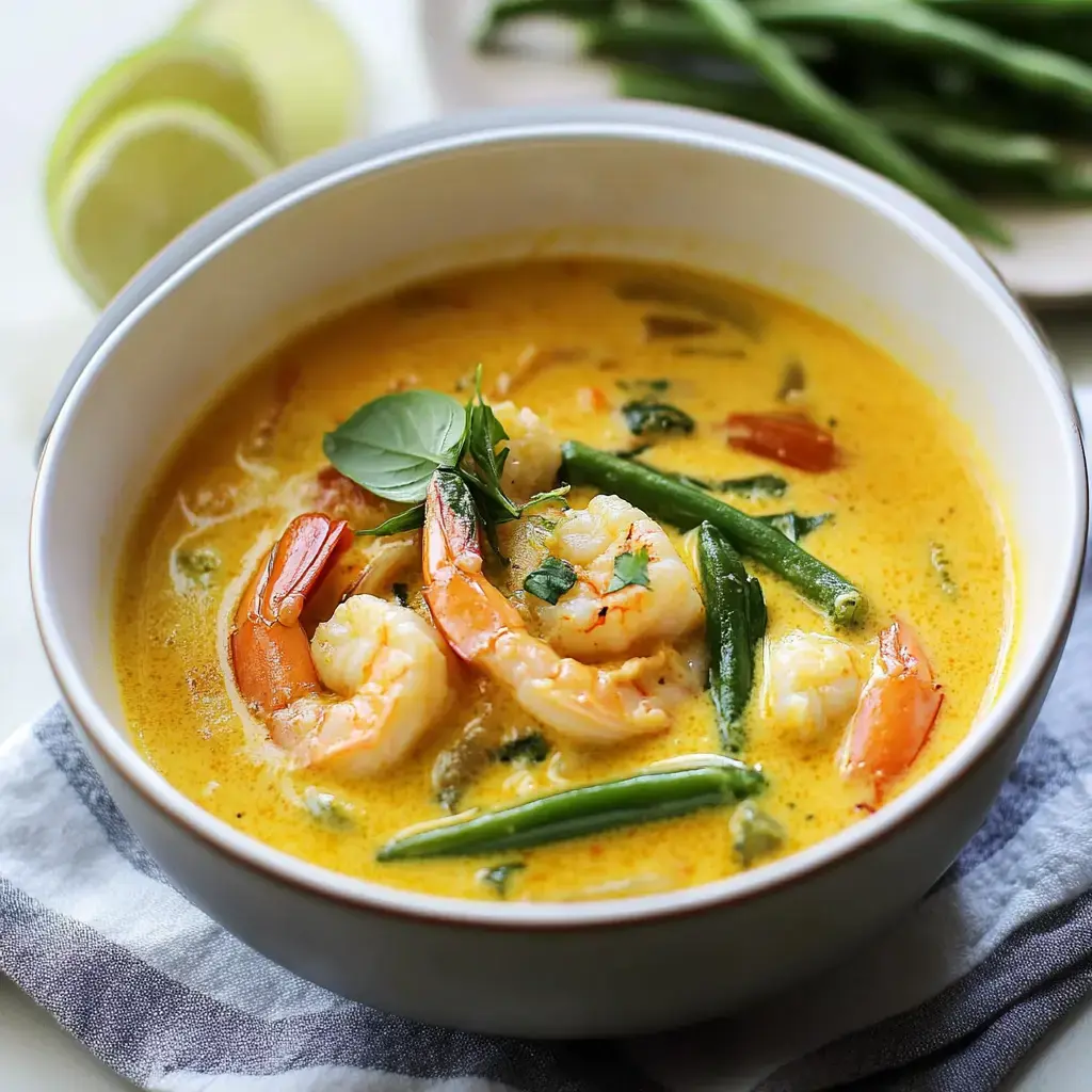 A bowl of creamy shrimp curry with green beans and basil, garnished with lime wedges in the background.