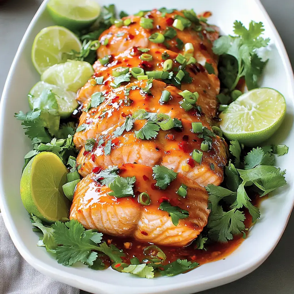 A platter of salmon fillets drizzled with sauce and garnished with chopped green onions, cilantro, and lime wedges.