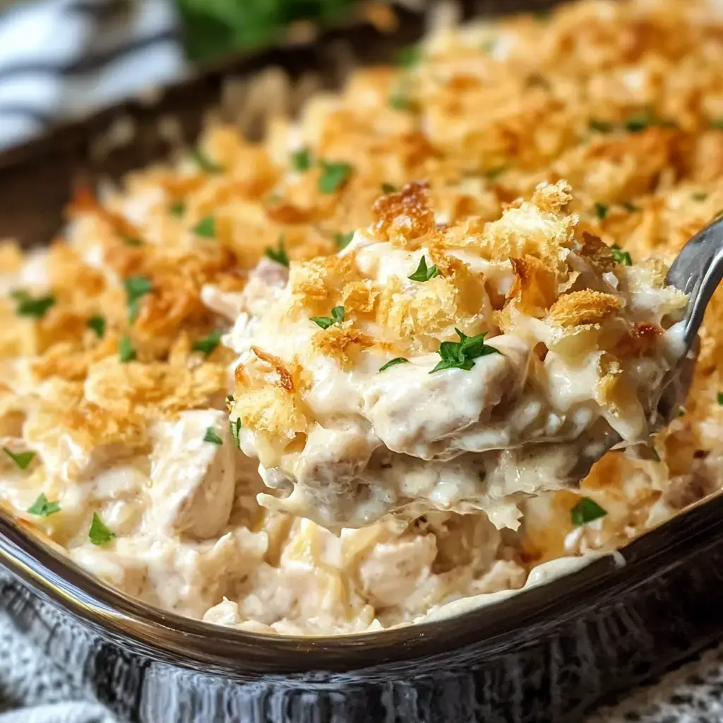 A spoonful of creamy chicken casserole topped with crispy breadcrumbs and parsley, with the dish in the background.