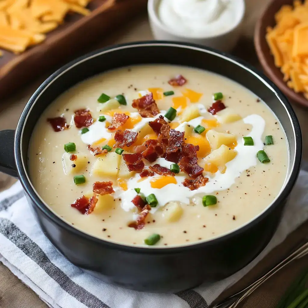 A creamy potato soup topped with bacon, cheddar cheese, green onions, and a dollop of sour cream, served in a black bowl.