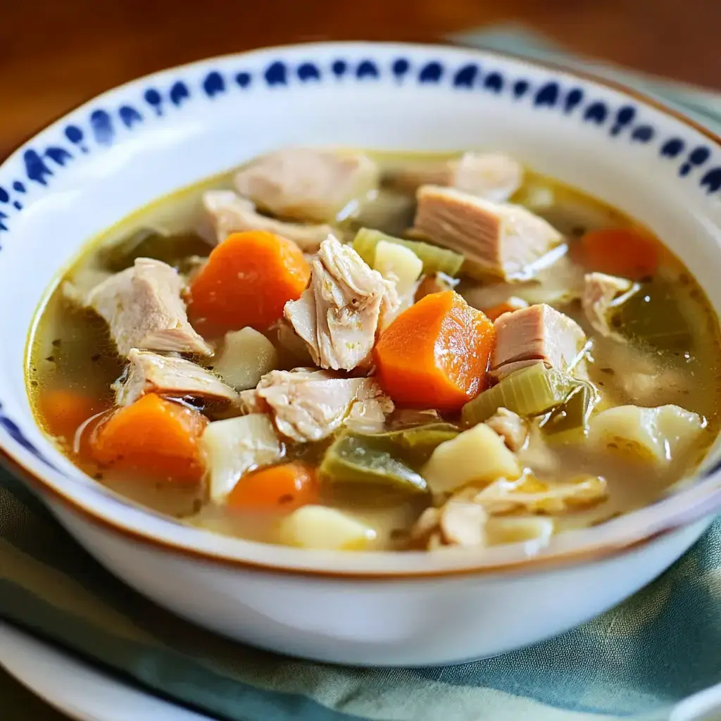 A bowl of chicken soup containing chunks of chicken, carrots, potatoes, and green beans in a savory broth.