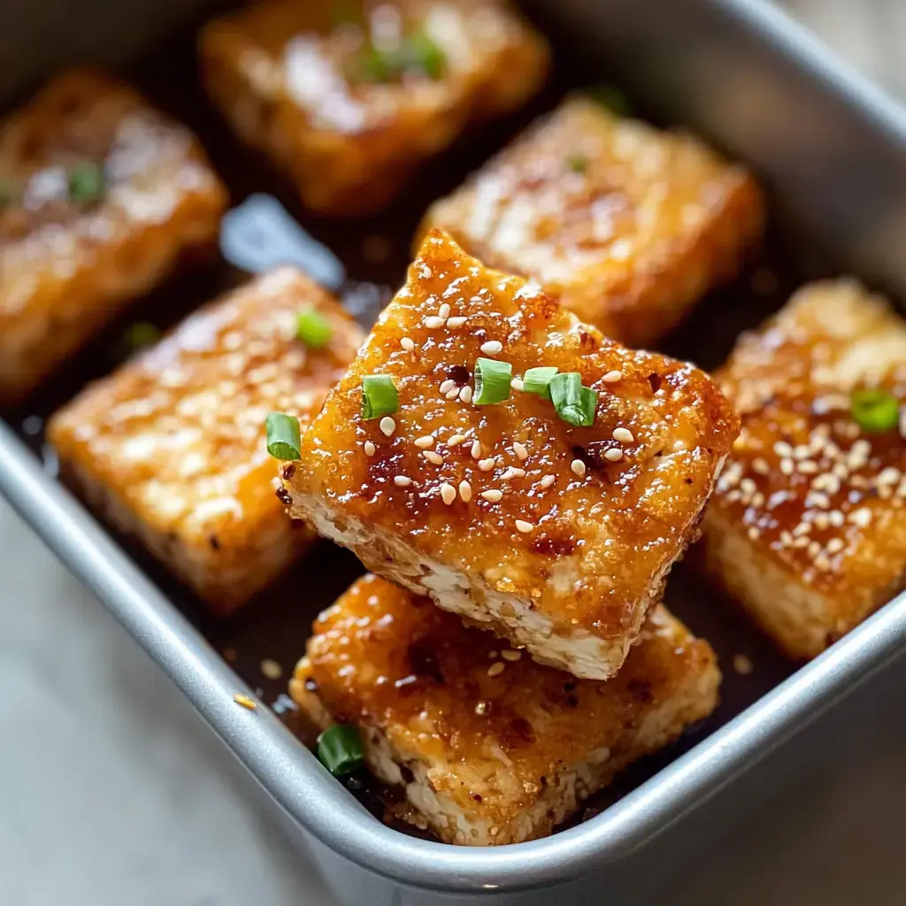 A close-up of caramelized, golden-brown tofu cubes garnished with green onions and sesame seeds, placed in a dish with a soy-based sauce.