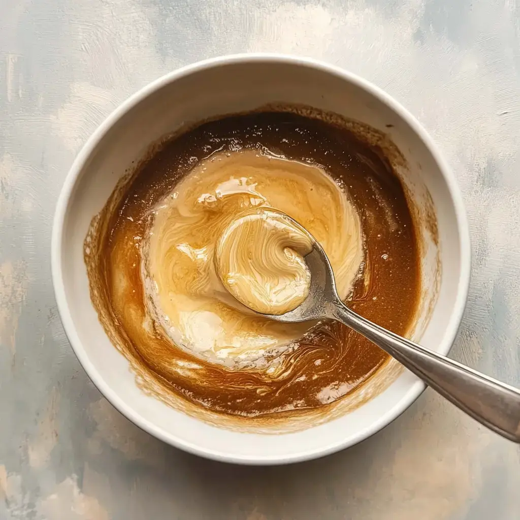 A spoon swirls through a mixture of light caramel and creamy ingredients in a white bowl.