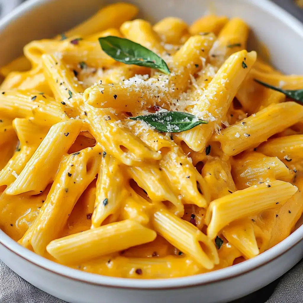 A bowl of creamy penne pasta topped with grated cheese and fresh basil.