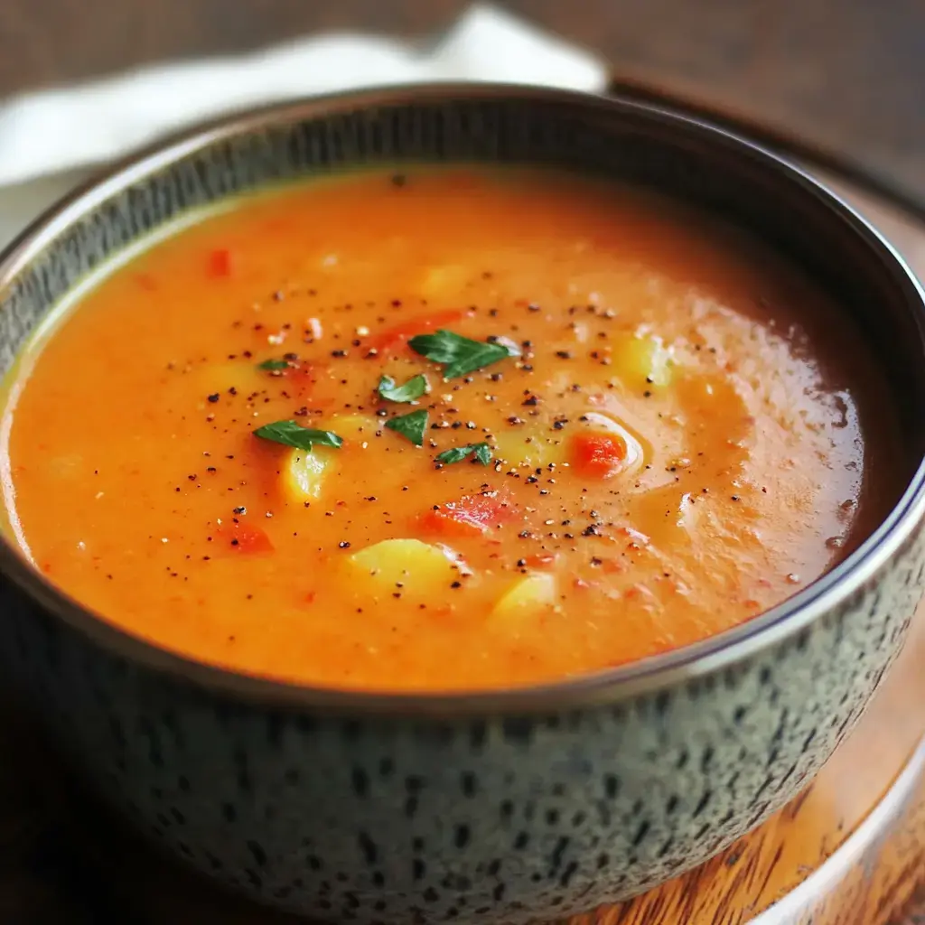 A bowl of creamy tomato soup topped with black pepper and fresh herbs.