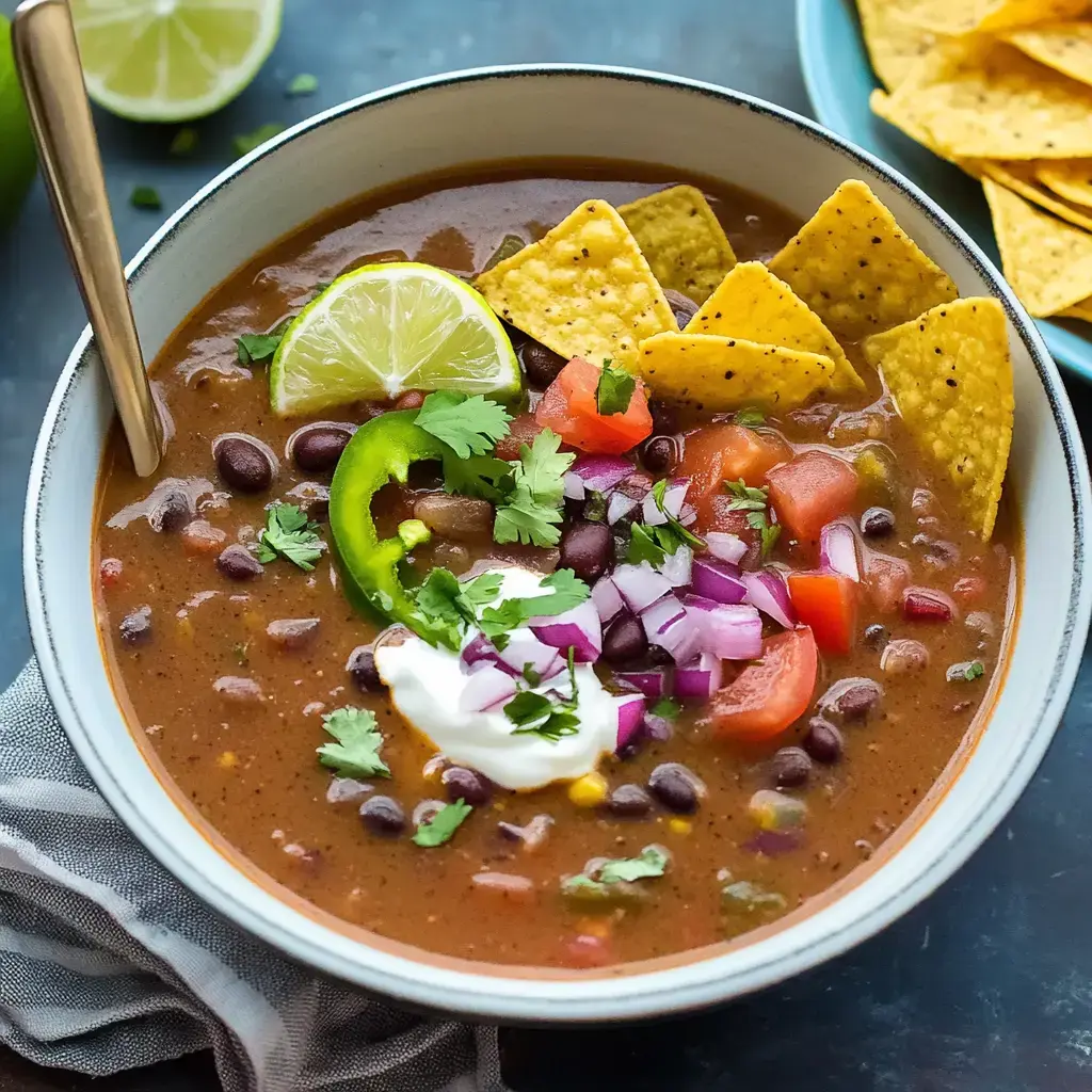 A bowl of black bean soup topped with lime wedges, tortilla chips, diced tomatoes, jalapeños, red onion, cilantro, and a dollop of sour cream, alongside a plate of more tortilla chips.