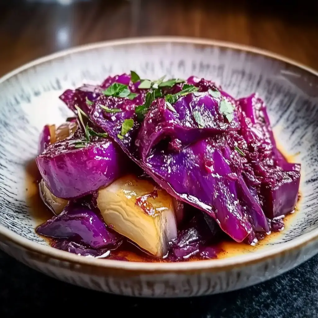 A close-up of a dish featuring sautéed purple cabbage garnished with herbs, served on a decorative plate.