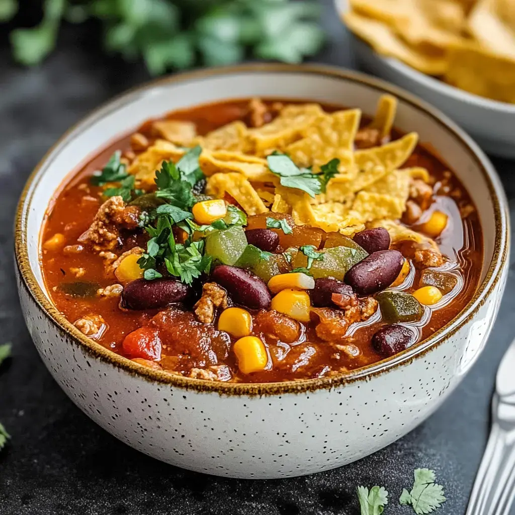 A bowl of chili featuring ground meat, beans, corn, green peppers, and tortilla chips, garnished with fresh cilantro.