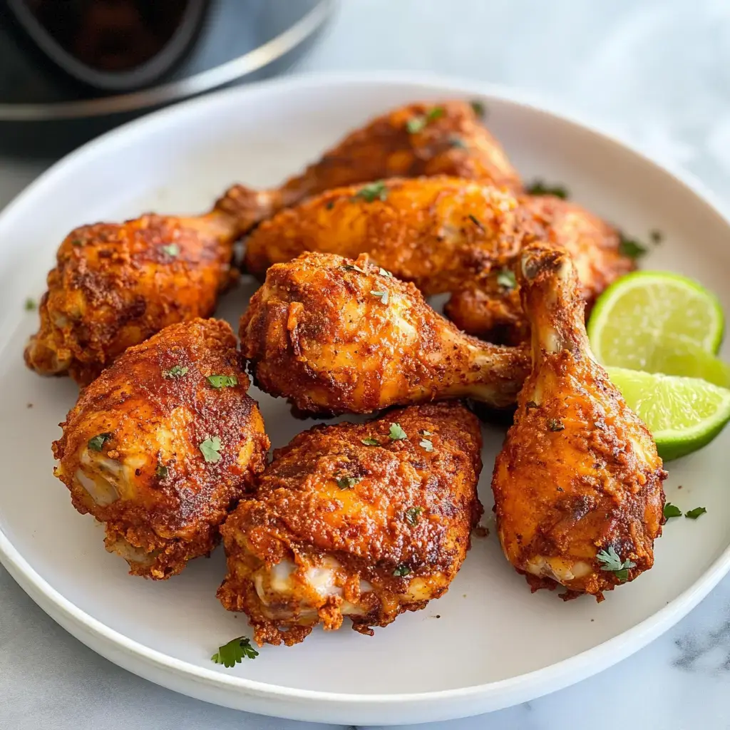 A plate of crispy, seasoned chicken drumsticks garnished with cilantro and served with lime wedges.