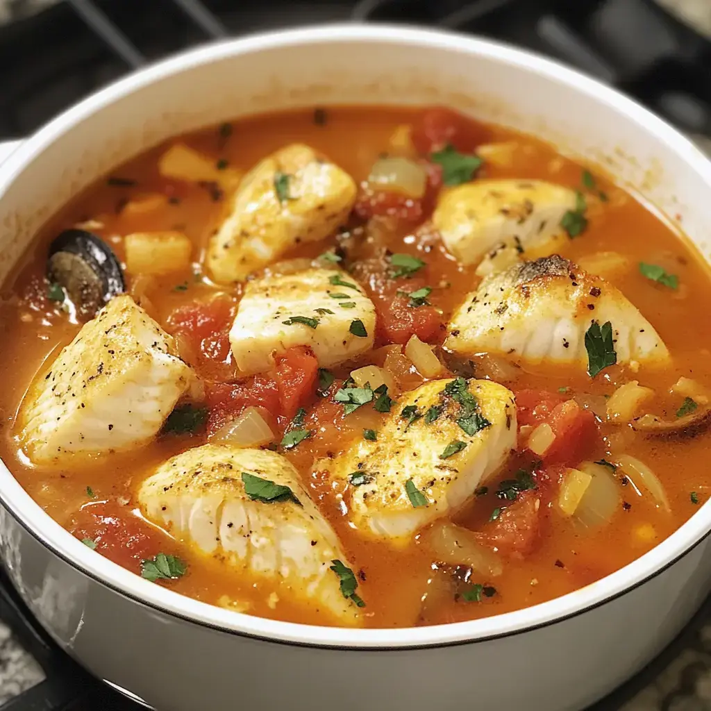 A close-up of a pot of fish stew featuring pieces of white fish in a tomato-based broth with vegetables and garnished with parsley.