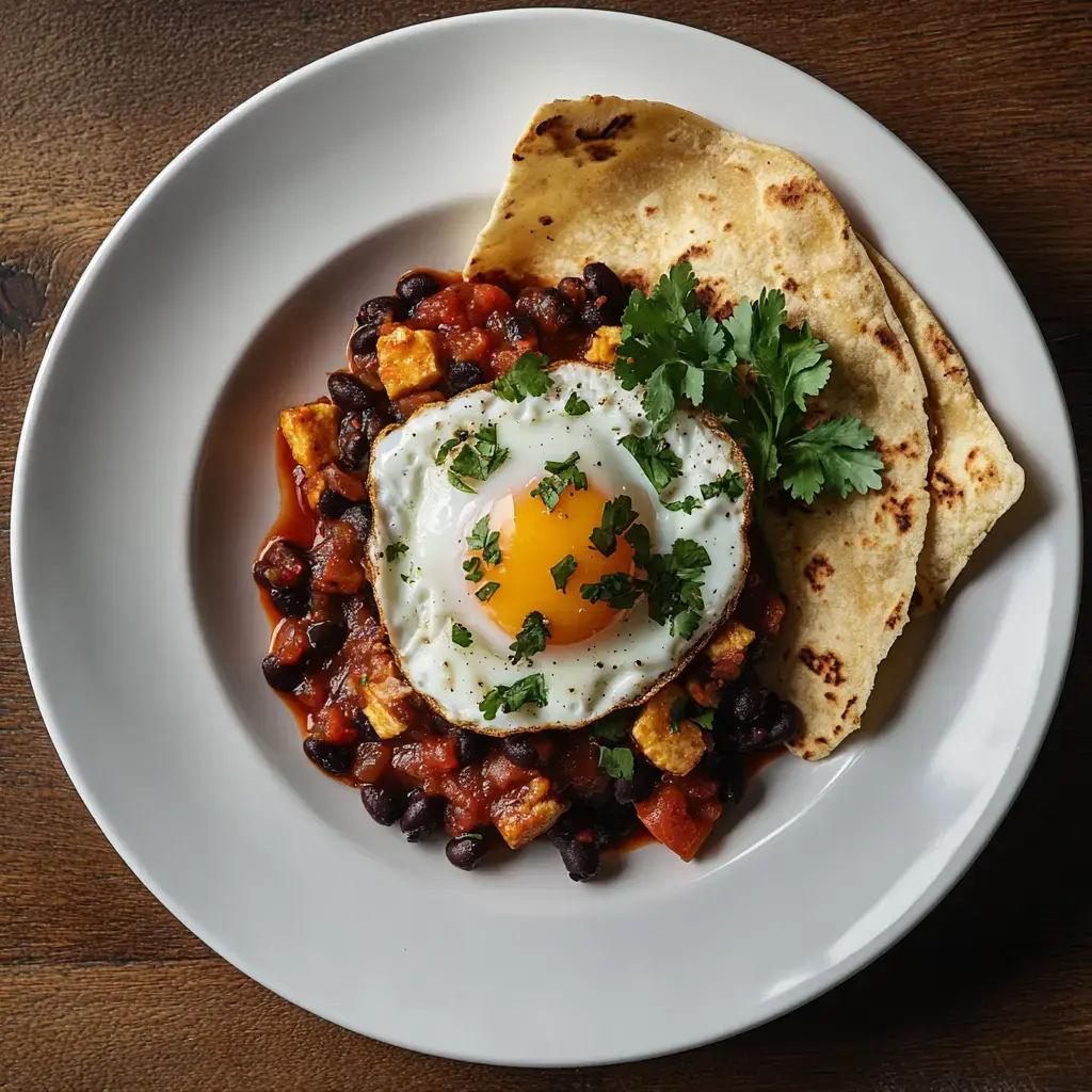 A plate of black beans topped with a fried egg and garnished with fresh cilantro, served alongside warm flatbreads.