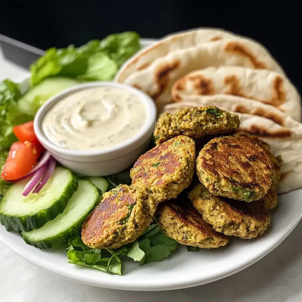 A plate of falafel patties served with tahini sauce, fresh vegetables, and pita bread.