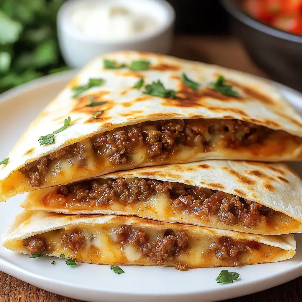 Three golden-brown quesadillas filled with seasoned ground beef and melted cheese, garnished with chopped cilantro, on a white plate.