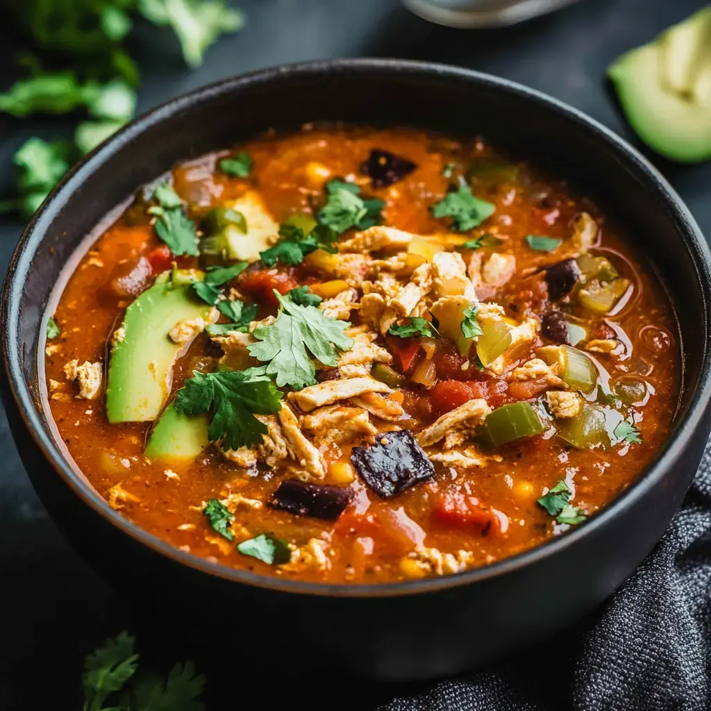 A black bowl filled with colorful chicken soup, garnished with fresh cilantro, avocado slices, and various vegetables.