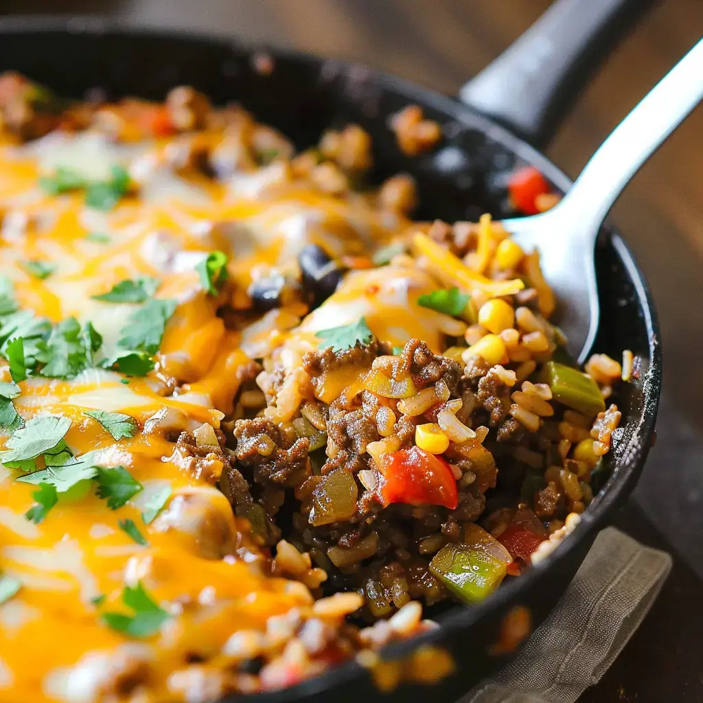 A close-up of a skillet filled with a flavorful mixture of ground beef, rice, black beans, corn, and colorful peppers, topped with melted cheese and garnished with fresh cilantro.