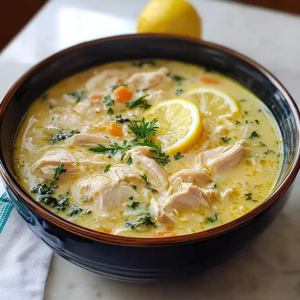 A bowl of creamy chicken soup garnished with fresh herbs and lemon slices.