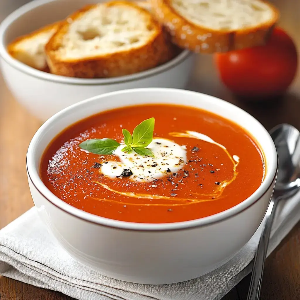 A bowl of tomato soup garnished with cream and basil, accompanied by slices of bread in the background.