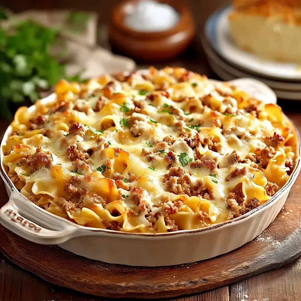 A creamy pasta casserole topped with melted cheese and garnished with parsley, served in a white dish on a wooden table.