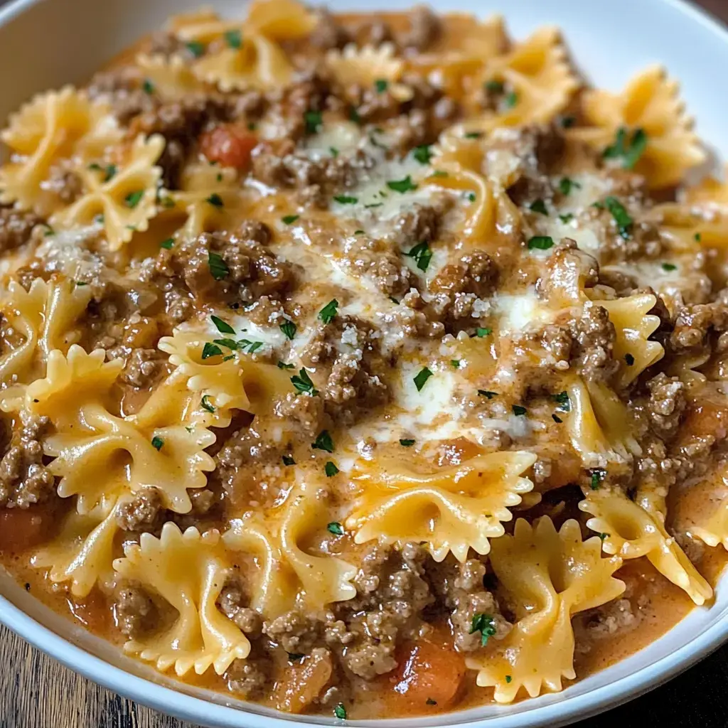 A close-up of a bowl of bowtie pasta topped with ground meat in a creamy sauce and garnished with parsley.