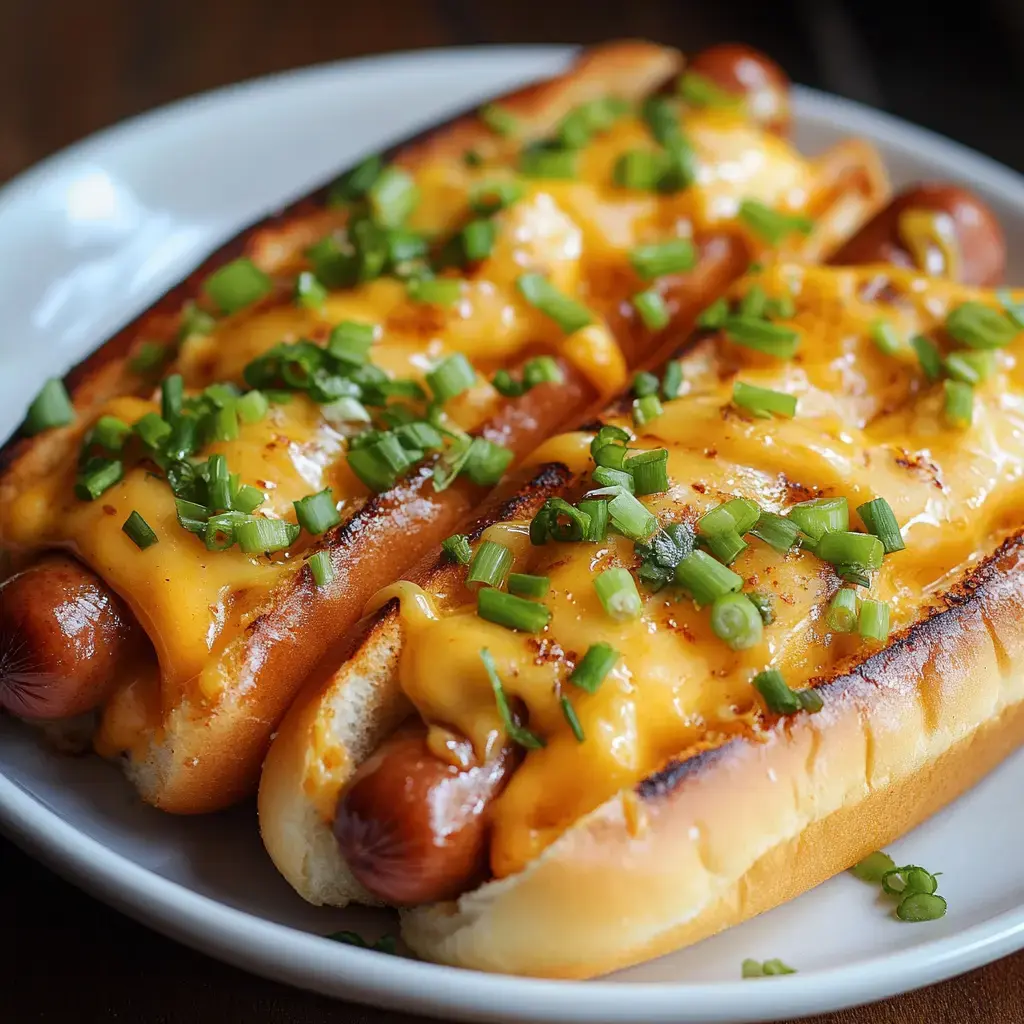 A close-up of two grilled hot dogs in toasted buns, topped with melted cheddar cheese and chopped green onions, served on a white plate.