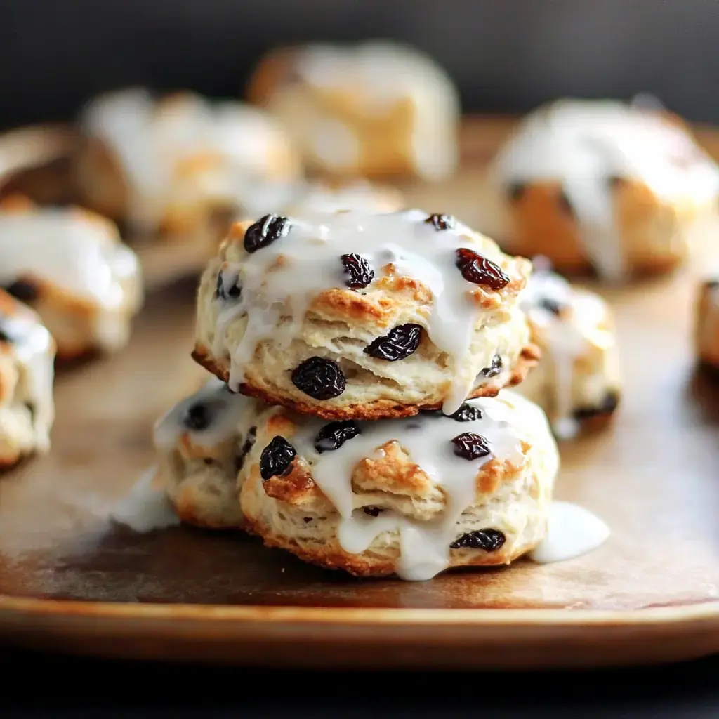 A close-up of two stacked sweet biscuits topped with icing and black currants, placed on a wooden plate.