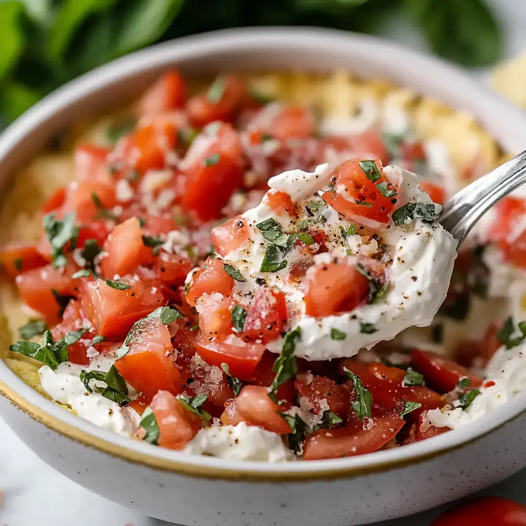 A bowl of creamy dip topped with fresh diced tomatoes, herbs, and spices, with a spoonful being lifted from it.