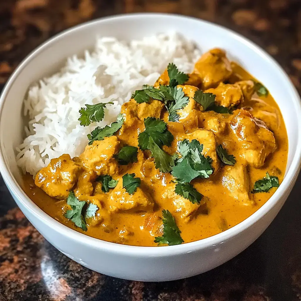 A bowl of creamy chicken curry garnished with fresh cilantro, served alongside fluffy white rice.