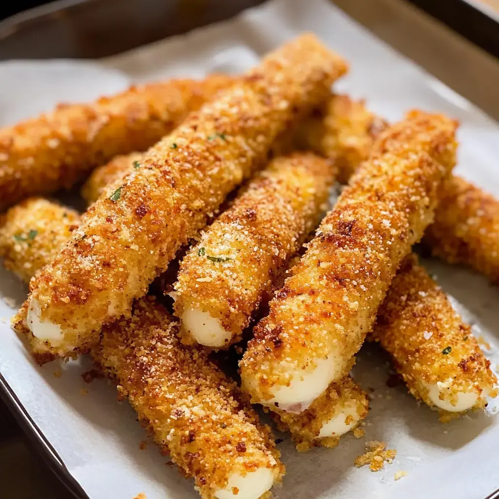 A close-up of golden-brown, crispy breaded cheese sticks arranged on a parchment-lined plate.