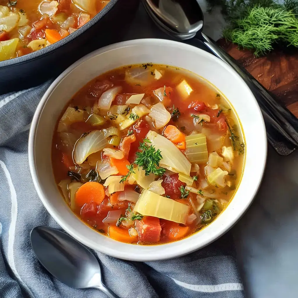 A bowl of colorful vegetable soup garnished with fresh herbs, placed on a textured gray napkin.