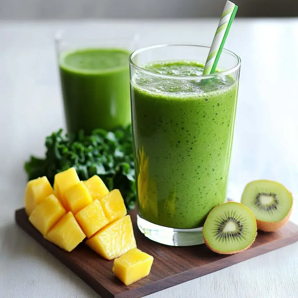 A glass of green smoothie is surrounded by diced mango, kiwi slices, and fresh kale on a wooden board.