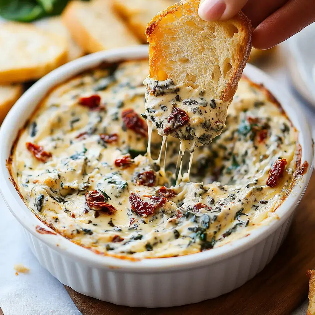 A hand dips a toasted bread piece into a creamy, cheesy spinach and sun-dried tomato dip in a white dish.