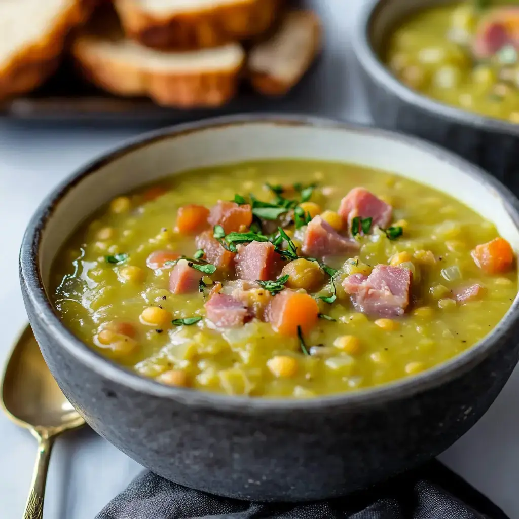 A bowl of split pea soup with diced ham and herbs, accompanied by slices of bread in the background.