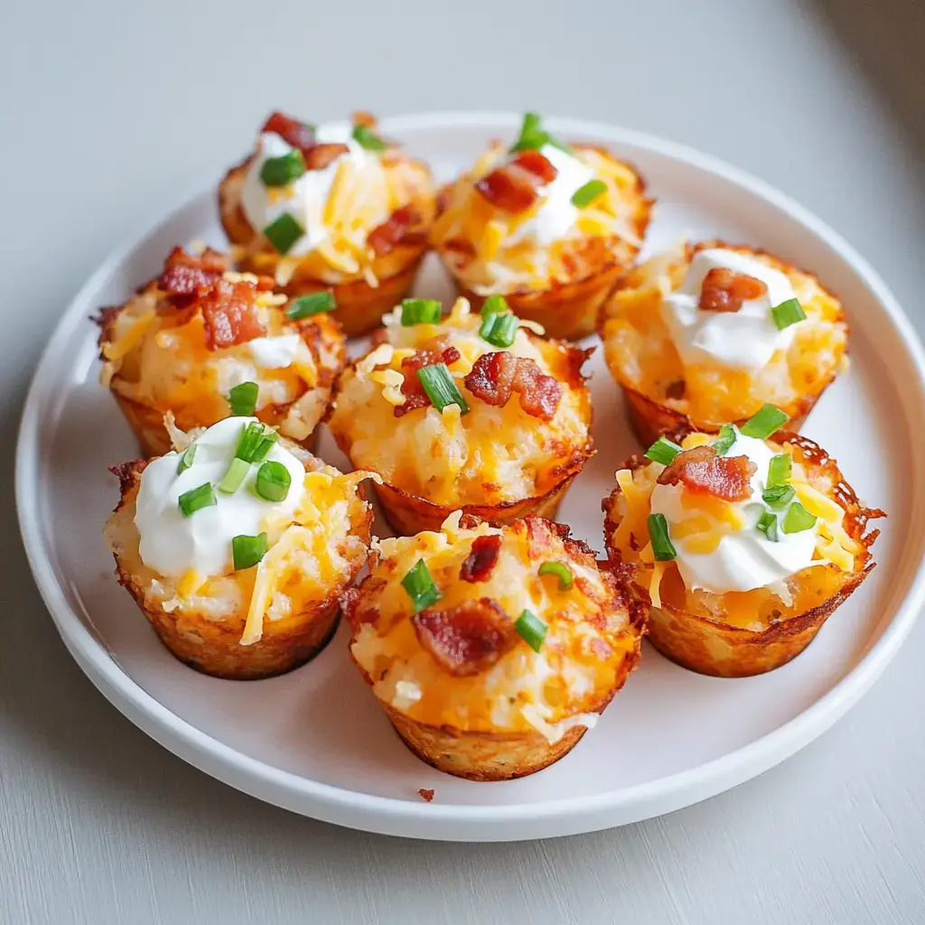 A plate of mini loaded potato cups topped with cheese, bacon, sour cream, and green onions.