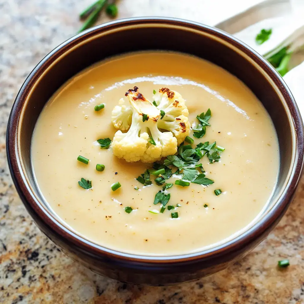 A bowl of creamy cauliflower soup, garnished with a piece of roasted cauliflower and chopped herbs, sits on a textured countertop.