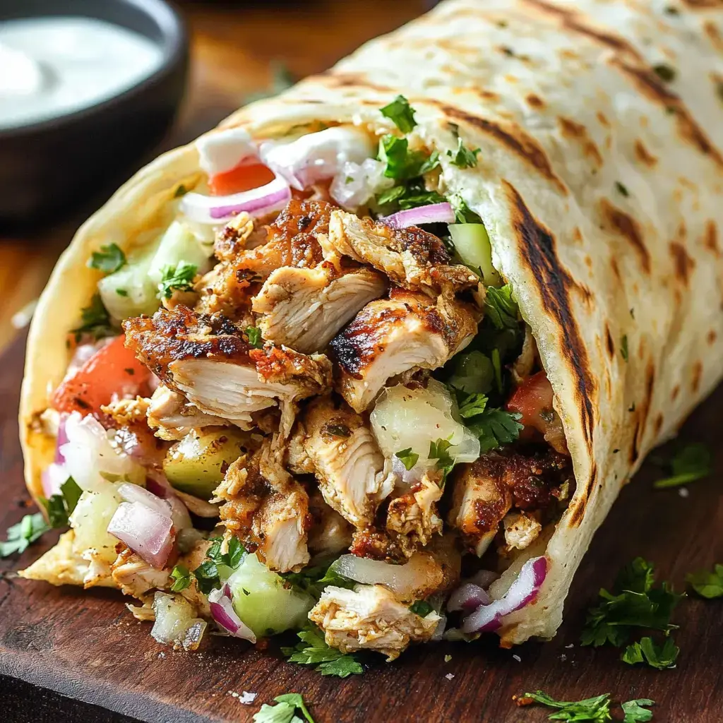 A close-up of a grilled chicken wrap filled with fresh vegetables, herbs, and sauce, resting on a wooden surface alongside a small bowl of dipping sauce.