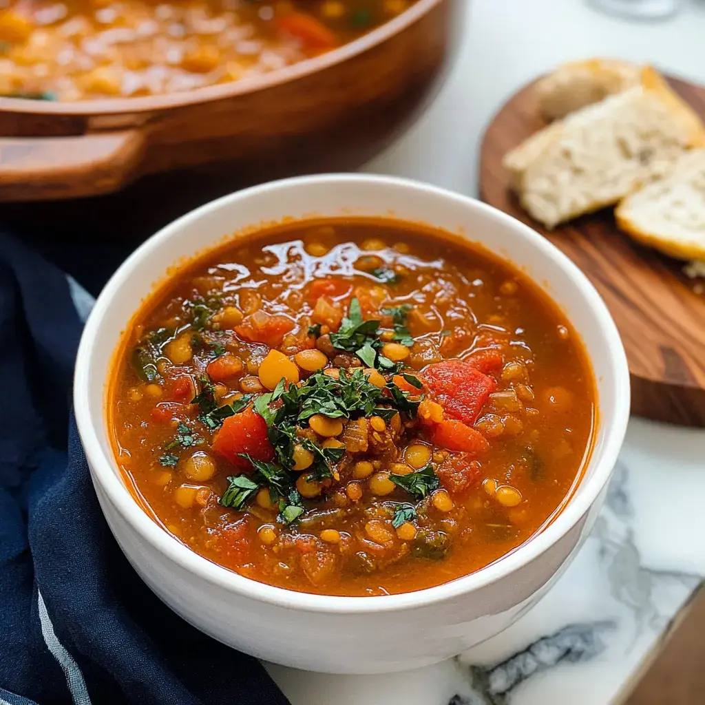 A bowl of hearty lentil soup garnished with fresh herbs, accompanied by a slice of bread on a wooden cutting board.