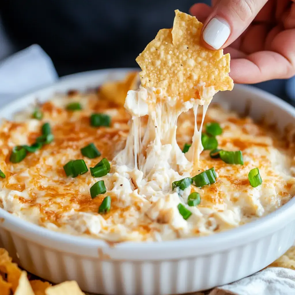 A hand dips a nacho chip into a warm, cheesy dip garnished with green onions.