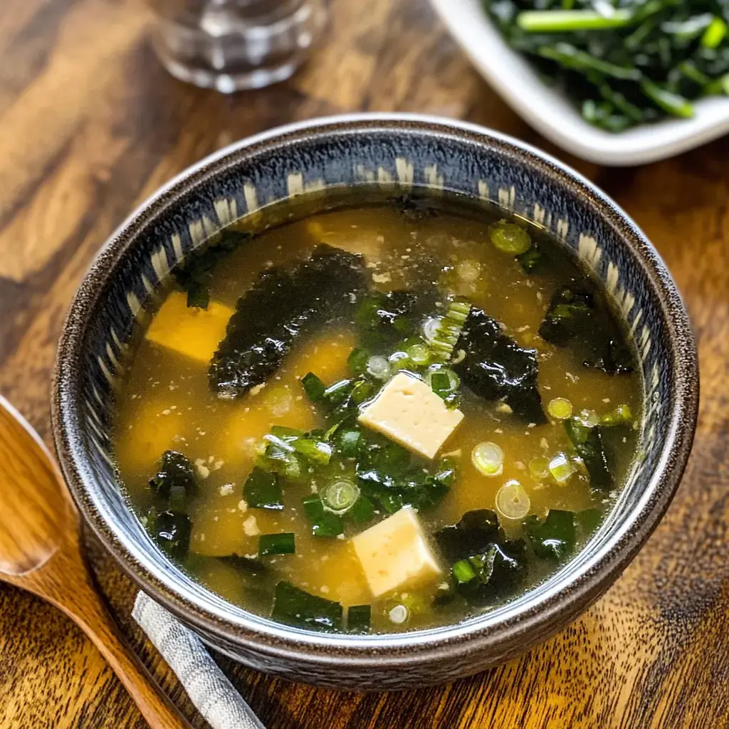 A bowl of miso soup with tofu, seaweed, and green onions, set on a wooden table.