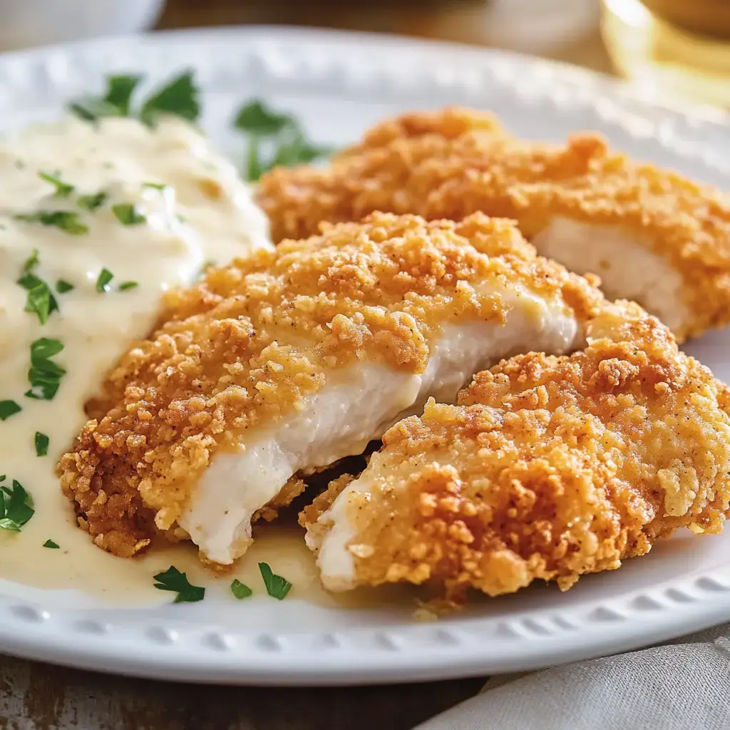 A plate of crispy fried chicken tenders served with creamy sauce and garnished with parsley.