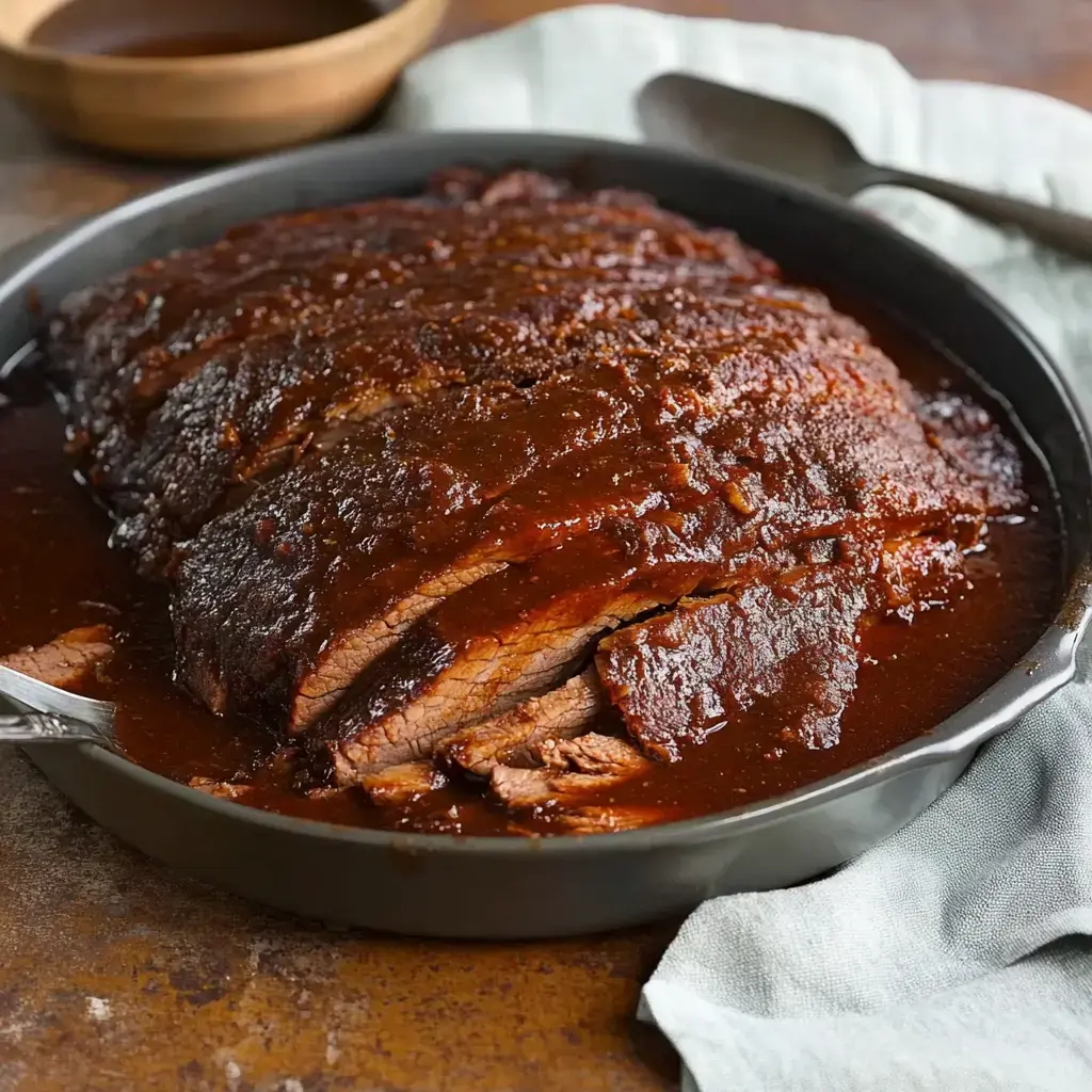 A succulent, sliced beef brisket coated in rich barbecue sauce sits in a black serving dish alongside a gray cloth.