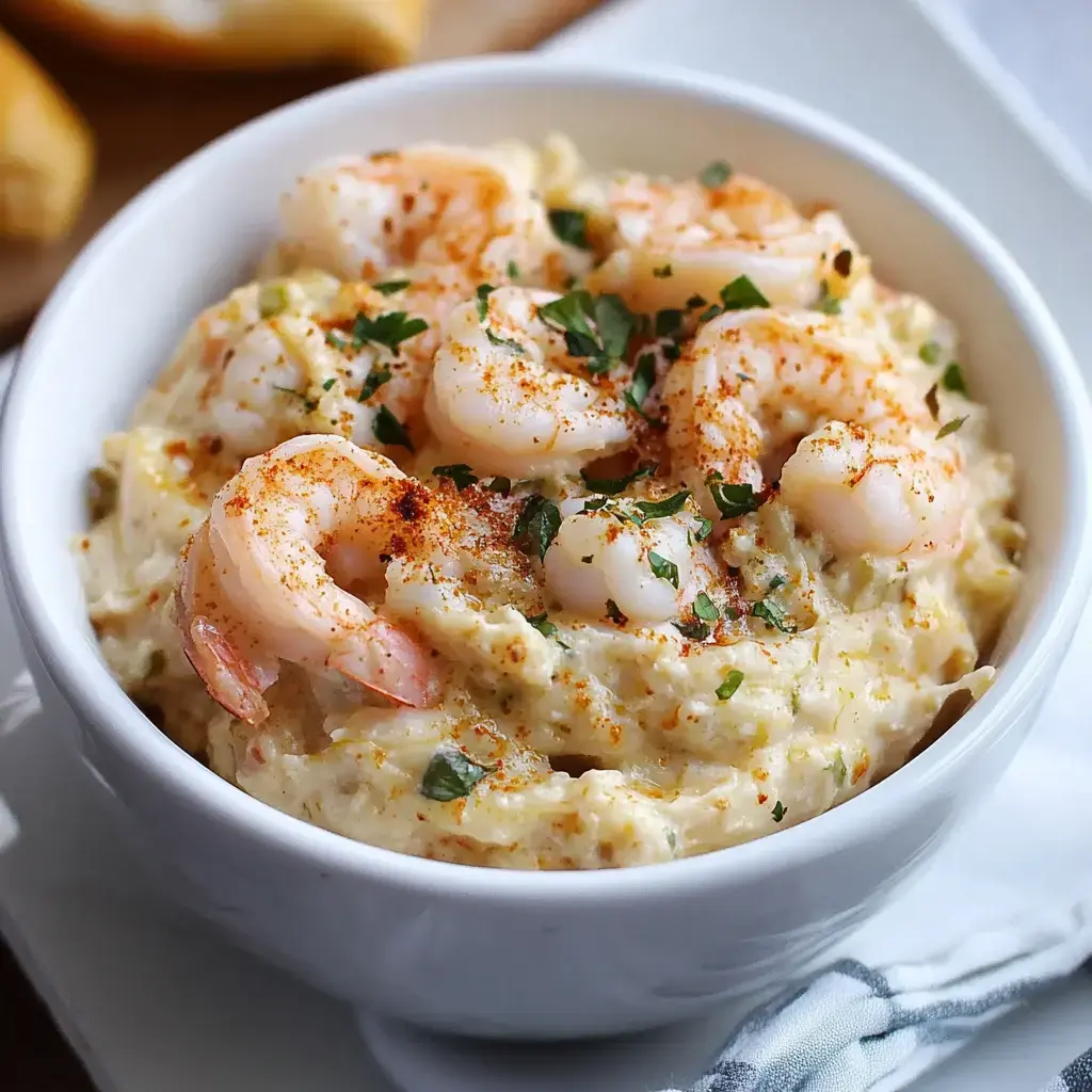 A bowl of creamy shrimp dip is garnished with parsley and paprika, featuring several shrimp on top.