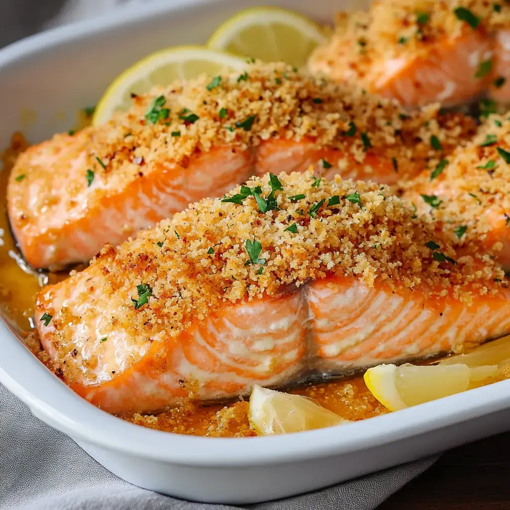 Baked salmon fillets topped with golden breadcrumbs and garnished with parsley, served with lemon wedges.